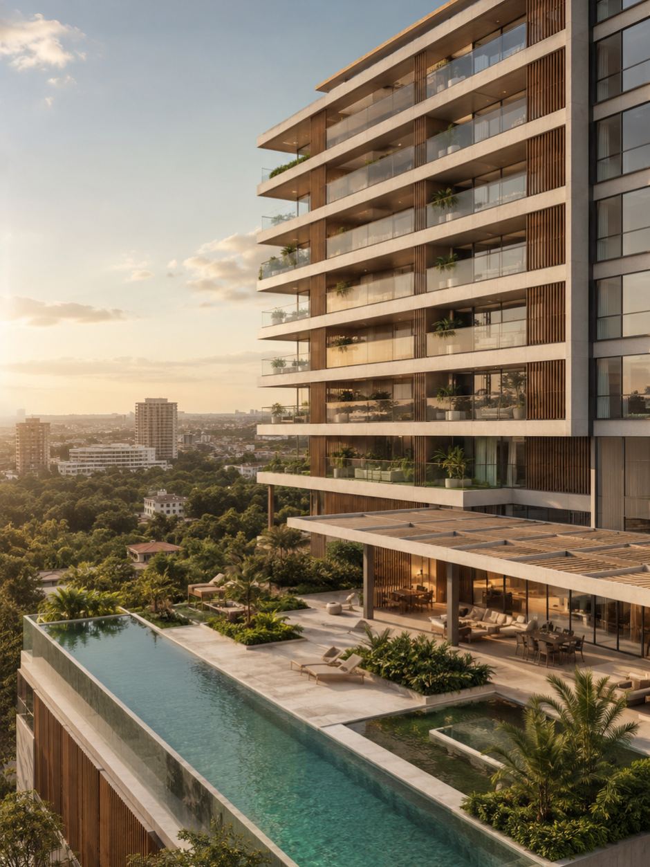 Fachada residencial contemporânea ao entardecer, com varandas ajardinadas e piscina sobre a cidade